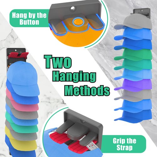 BRUBEQO Hat Organizer for Baseball Caps 2 Packs with Built-in Spring Clips - Wall Mount Closet Hat Rack Holder, Adjustable Storage for Door/Closet Display Hat Racks Hanger (Strong Adhesive & Screws)