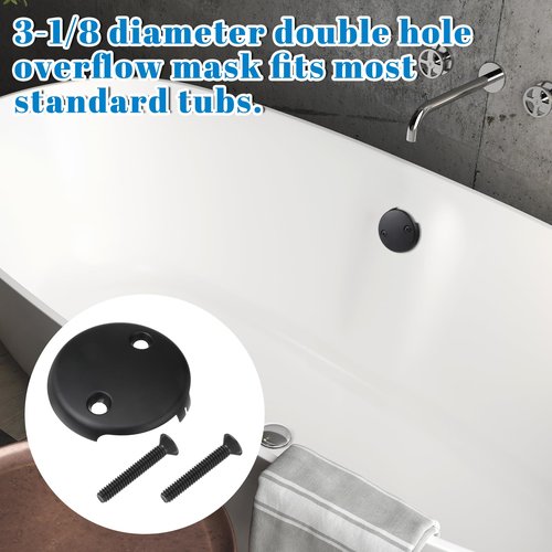 Lnngub Black Tub Overflow Cover 3-1/8" Two Hole Bathtub Overflow Plate with Two Matching Screws Stainless Steel Black Overflows Plate for Tub Most Standard Bathtub Drains