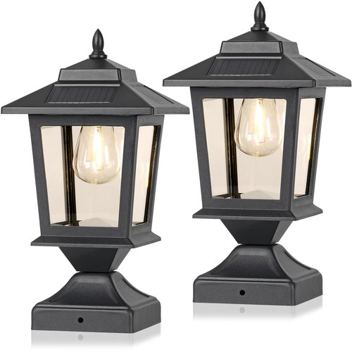 Solar Post Cap Lights,Waterproof Outdoor Light for 4x4 Wooden Posts, Solar Lights with Glass Shade for Deck Fence Patio Post Decor,Matte Black (2 Pack)