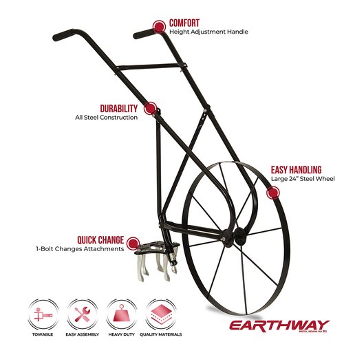 EarthWay 6500 High Wheel Tubular High Wheel Cultivator with Comfort Handle with 3- Position Adjustable, Quick Change Implements, and 24 Inch Steel Wheel