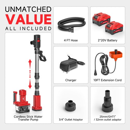 EarthCraft Cordless Stick Water Transfer Pump with 2 * 4.0AH Battery & Charger,740GPH Telescoping Pole Pump, 33FT Head, Handheld Portable Utility Sump Pump Kit for Garden, Boat, Deep Well Draining