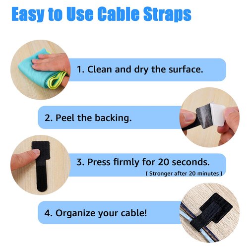 80PCS Hook and Loop Cable Ties, Hook and Loop Cable Straps, Under Desk Cable Management, Adhesive Cable Clips, Sticky-Back Cord Organizer for Desk, Household & Office Organization (White)
