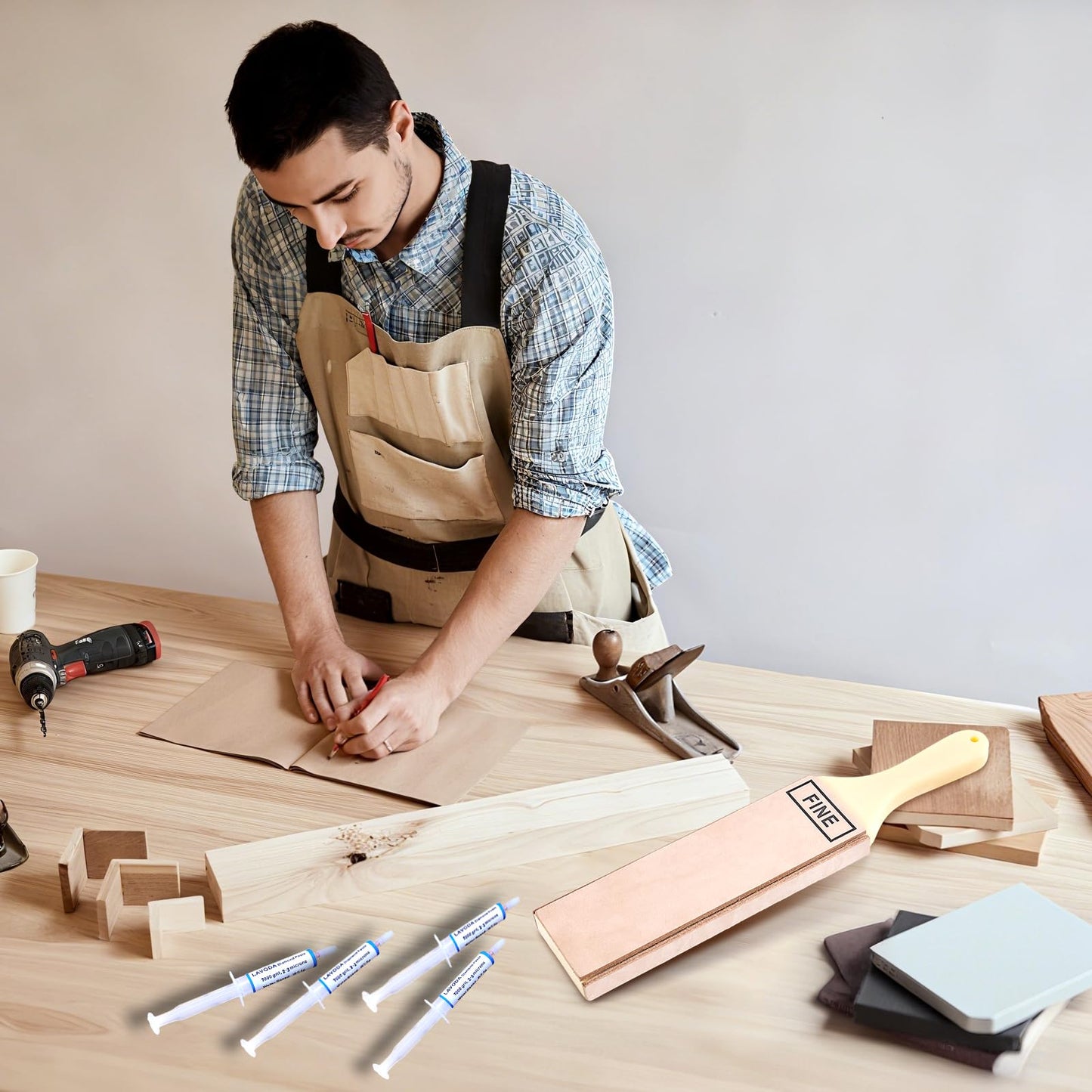 LAVODA 4-Side Leather Strop 15.7"x3" – Diamond Paste+Heavy Duty Buffalo+Nylon Base, Ultimate Knife Polishing&Honing Kit, Warp-Free Design for Mirror Edges on All Blade Types