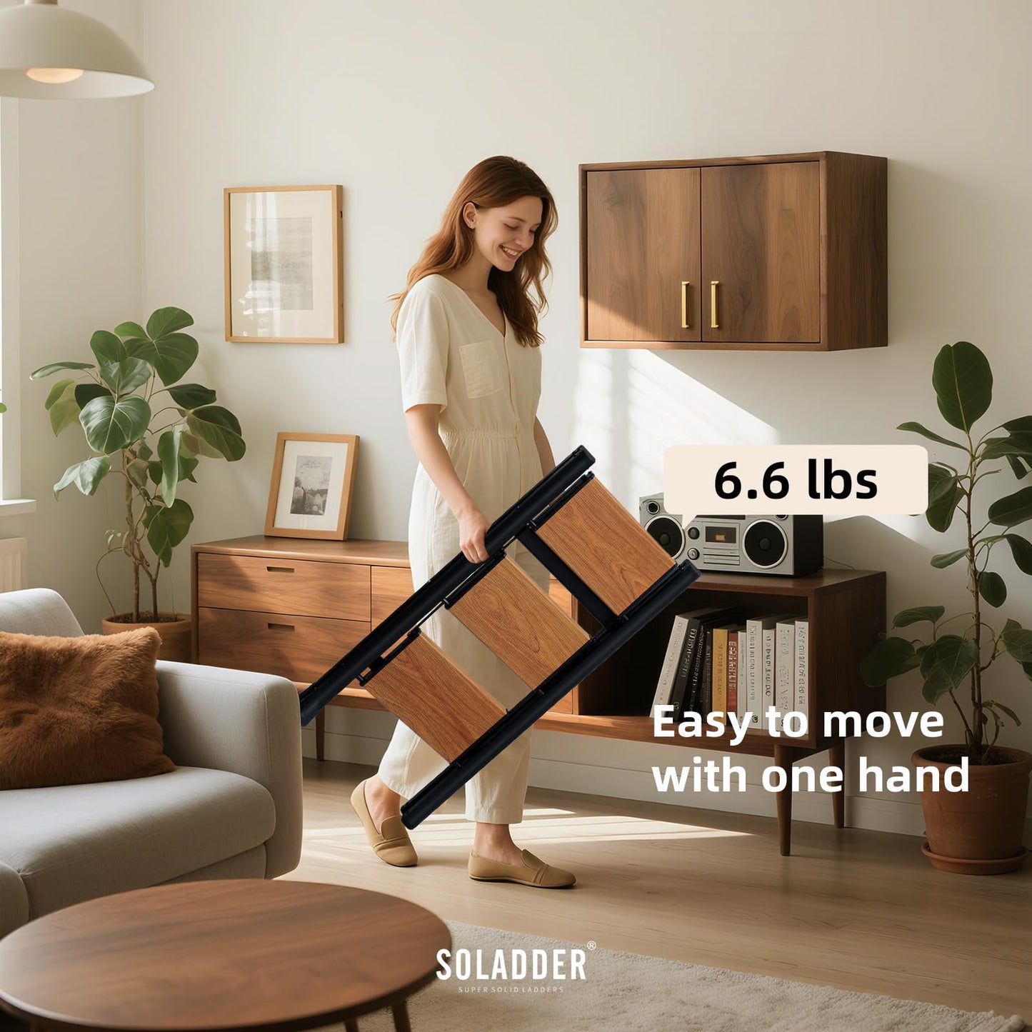 SOLADDER 3 Step Ladder, Anti-Slip and Lightweight Foldable Step Ladder for Adults & Kids to Use in Kitchen,Closet and Library,300lbs(Black+Woodgrain)