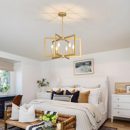 6-Light Gold Chandelier for Dining Room,22in Modern Farmhouse Pendant Light,Geometric Industrial Metal Hanging Light Fixture for Kitchen Island Entryway Foyer Living Room Bedroom