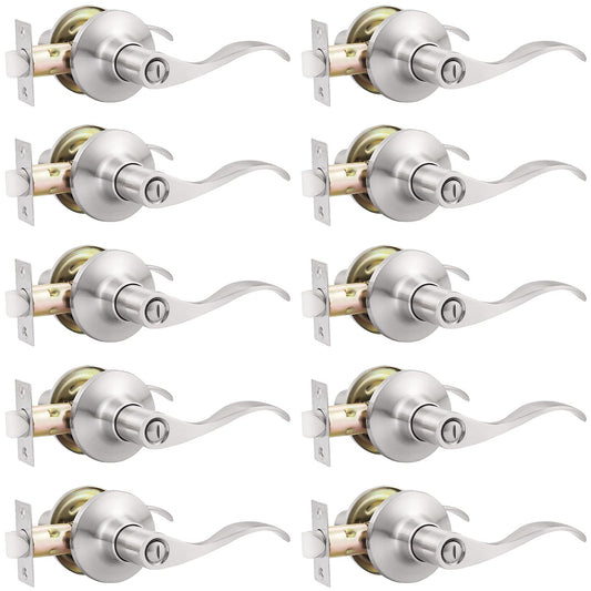GOBEKOR 10 Pack Privacy Door Levers Bedroom Door Handle with Lock Satin Nickel Interior Door Handles Keyless Door Lock Wave Bed/Bath Lever