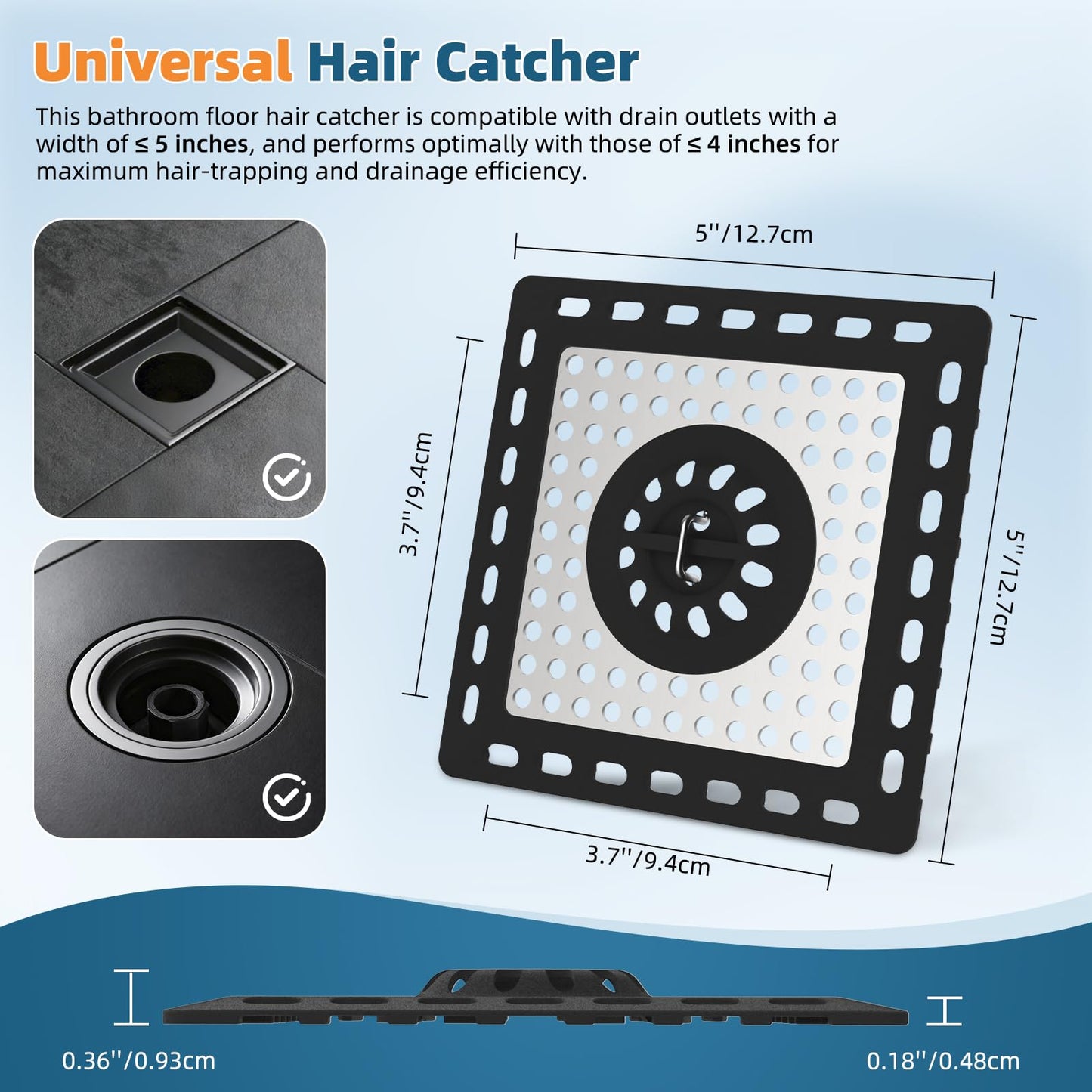 Hibbent Upgraded Shower Drain Hair Catcher, Shower Drain Cover for Bathroom Floor 4" Drain, Anti-Clogging Bathtub Drain Strainer, Stainless Steel Kitchen Sink Drain Strainer with Handle, Black