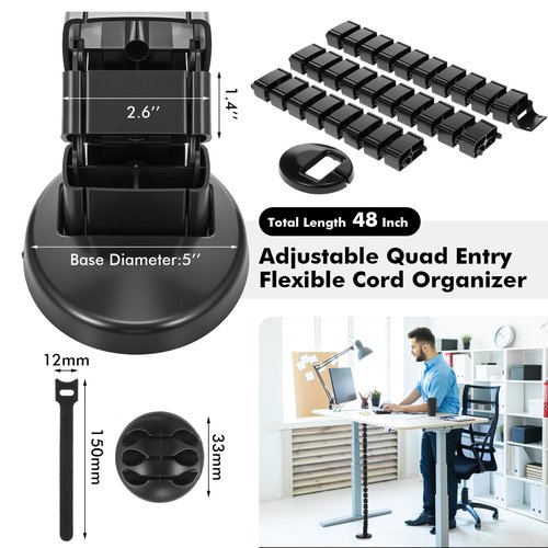 Yaomiao 2 Pack Under Desk Vertebrae Cable Management Kit Standing Desk 48 Inch Adjustable Quad Entry Flexible Cord Organizer with Ties, Stick-on Clips Cable Management Set for Home User Office Worker