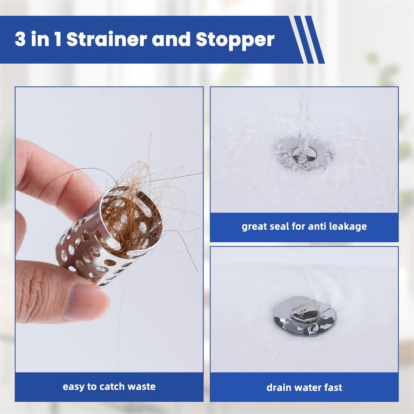 Hygie Rinse Upgraded Bathroom Sink Drain Strainer Hair Catcher with Removable Stainless Steel Filter Basket, 3 in 1 Universal Pop Up Sink Stopper for 1.1''~2.36'' Sink Basin Hole, Chrome