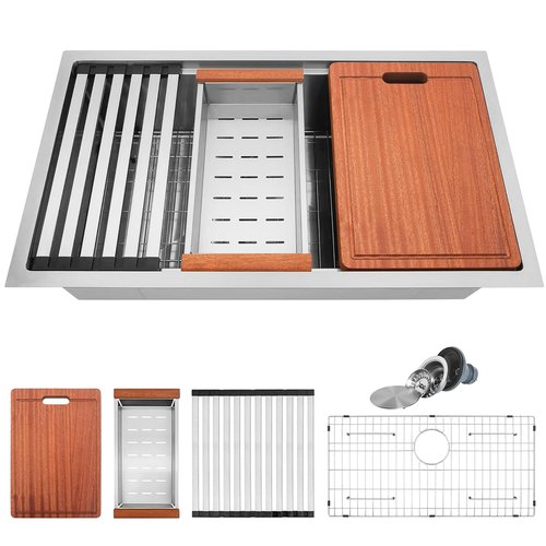 MONSINTA Undermount Kitchen Sink, 33" x 18" x 10" Single Bowl Workstation Sink, 33 Inch Large and Deep Stainless Steel Handmade Kitchen Sinks with Accessories, 10 Inch Depth