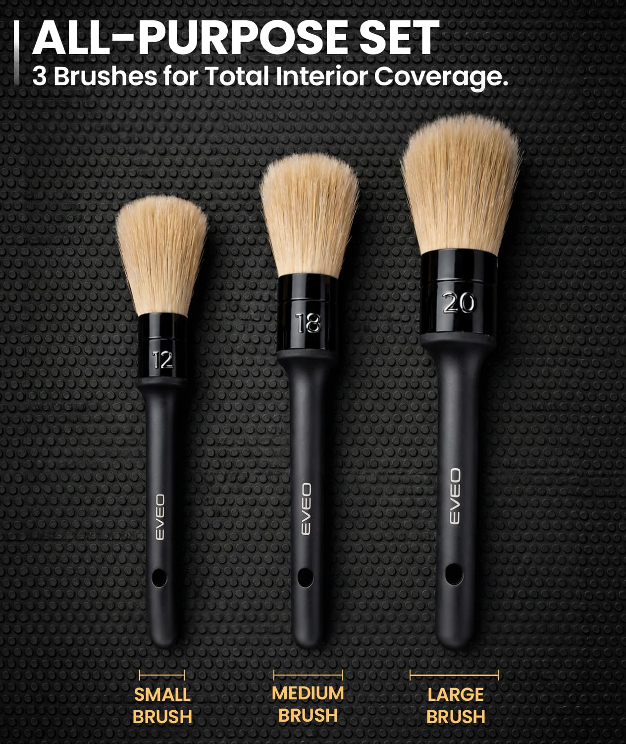 EVEO Car Detailing Brush Set - (3 Pack) Car Detailing Kit Interior, Car Interior Detailing Kit Car Detailing Brushes - Car Cleaning Brush, Car Detailing Brushes, Car Detailing Tools | Soft Boars Hair