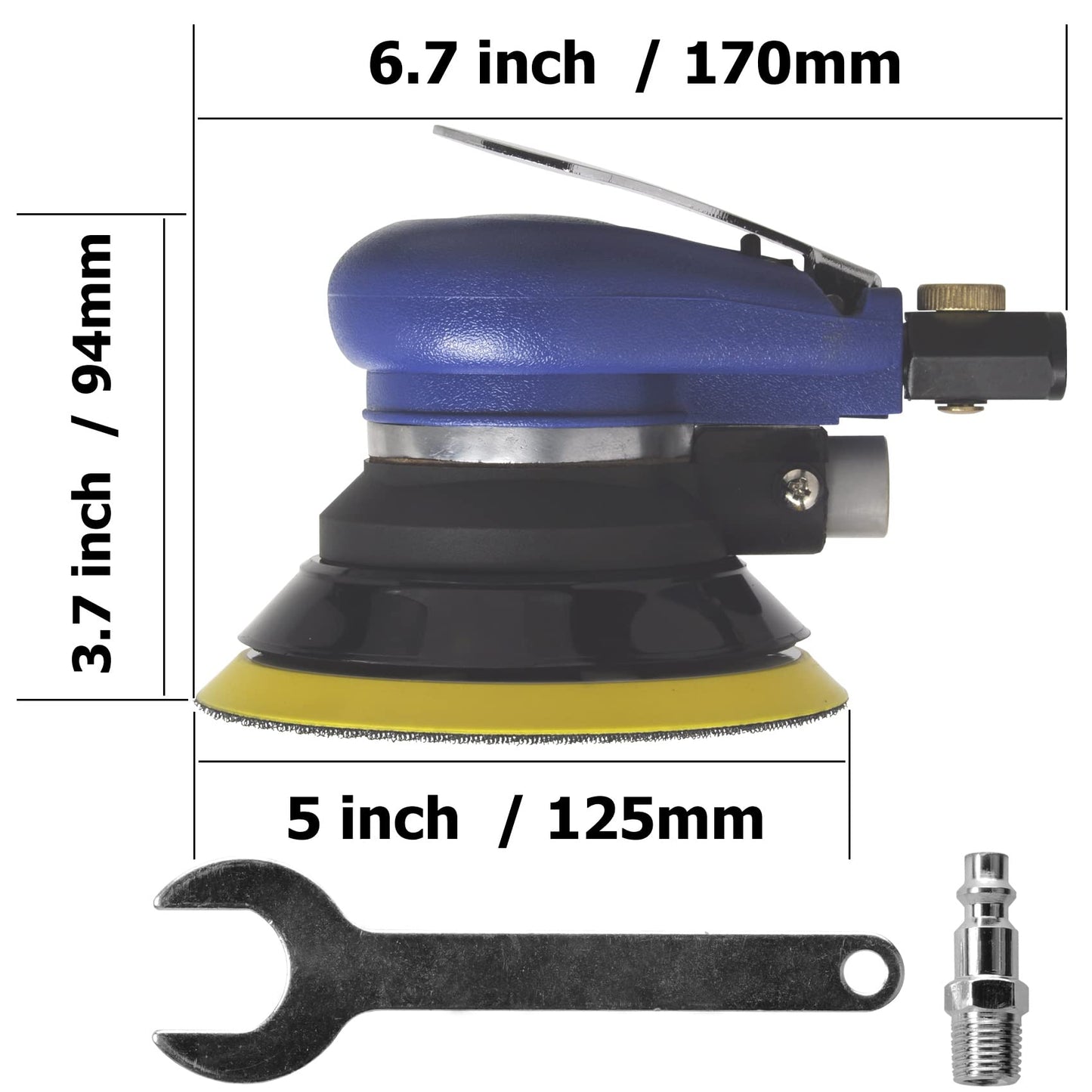 TOOLPEAK 5-inch air palm random orbital sander, dual-action pneumatic polisher speed adjustable grinding sanding with 5-inch pad, random orbit air sanders