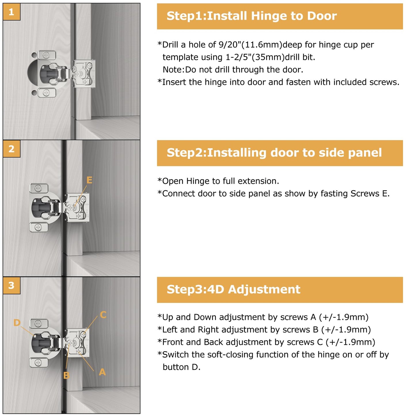Furniware 2 Pieces 1/4" Small Overlay Concealed Face Frame Hinges, 105° Open Angle 4 Level Soft Close Screw On Compact Cabinet Hinge,for Face Frame Door, Soft Close On/Off Switch, Self Closing