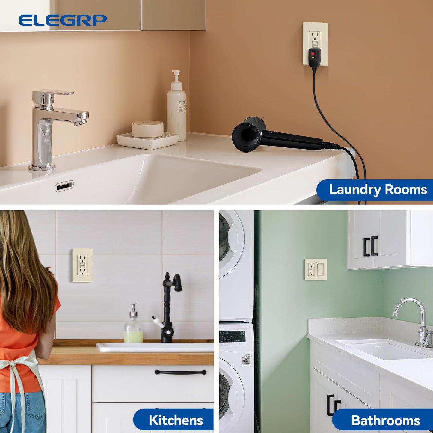 ELEGRP GFCI Outlet 15 Amp, Self-Test GFI Electrical Outlet with Thinner Design, TR Tamper Resistant GFCI Receptacle, Ground Fault Circuit Interrupters with Wall Plate, UL Listed, Light Almond, 6 Pack