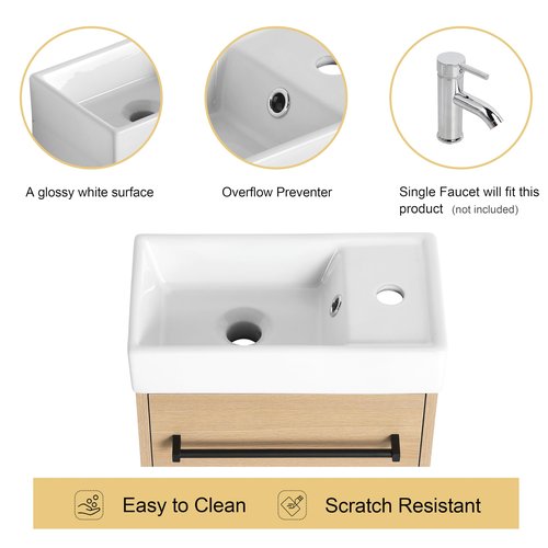 16" Floating Bathroom Vanity with Sink, 16 inch Modern Brown Wall Mounted Bathroom Cabinet Combo for Small Space, Narrow Bath Wall-Hung Vanity Set with 1 Ceramic Basin and 1 Door(16cx)