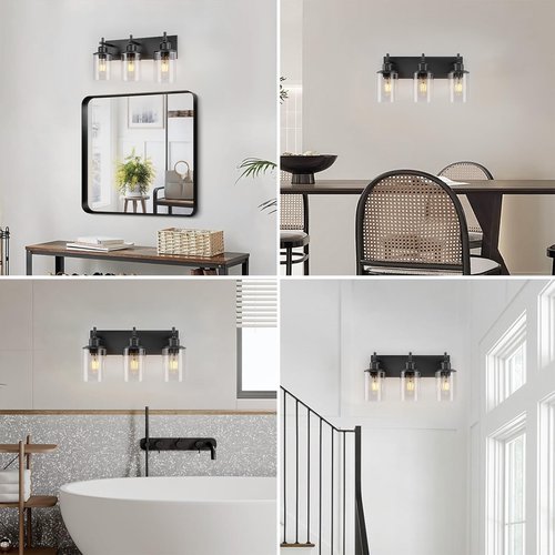 Lanhall 3-Light Black Bathroom Light Fixture Over Mirror Modern Farmhouse Bathroom Vanity Light Vintage Wall Lighting with Clear Glass Shade for Bathroom, Bedroom, Hallway, Cabinet