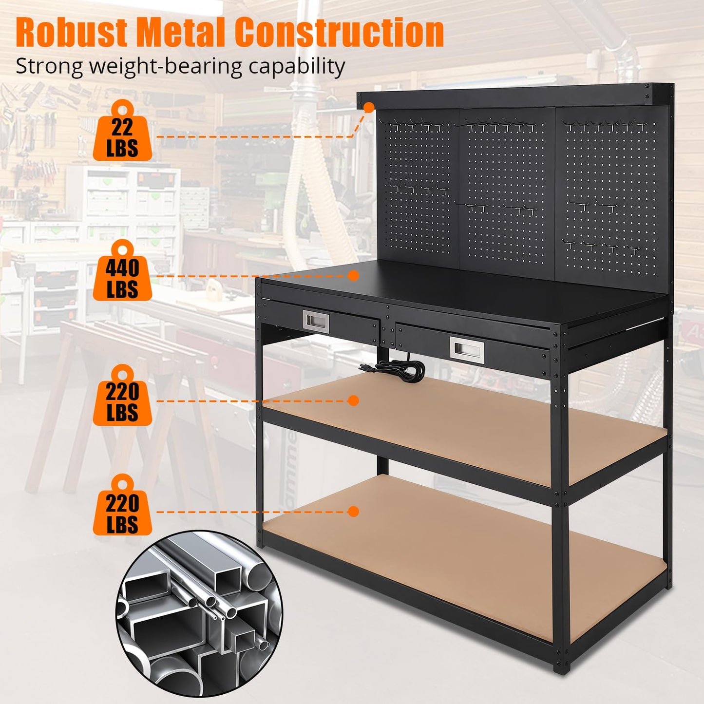 FinerFurnis 3-Tier Metal Workbench with 2 Drawers, Heavy Duty Workstation with Power Outlets and Pegboard, Durable Workshop, Office, and Home Work Bench