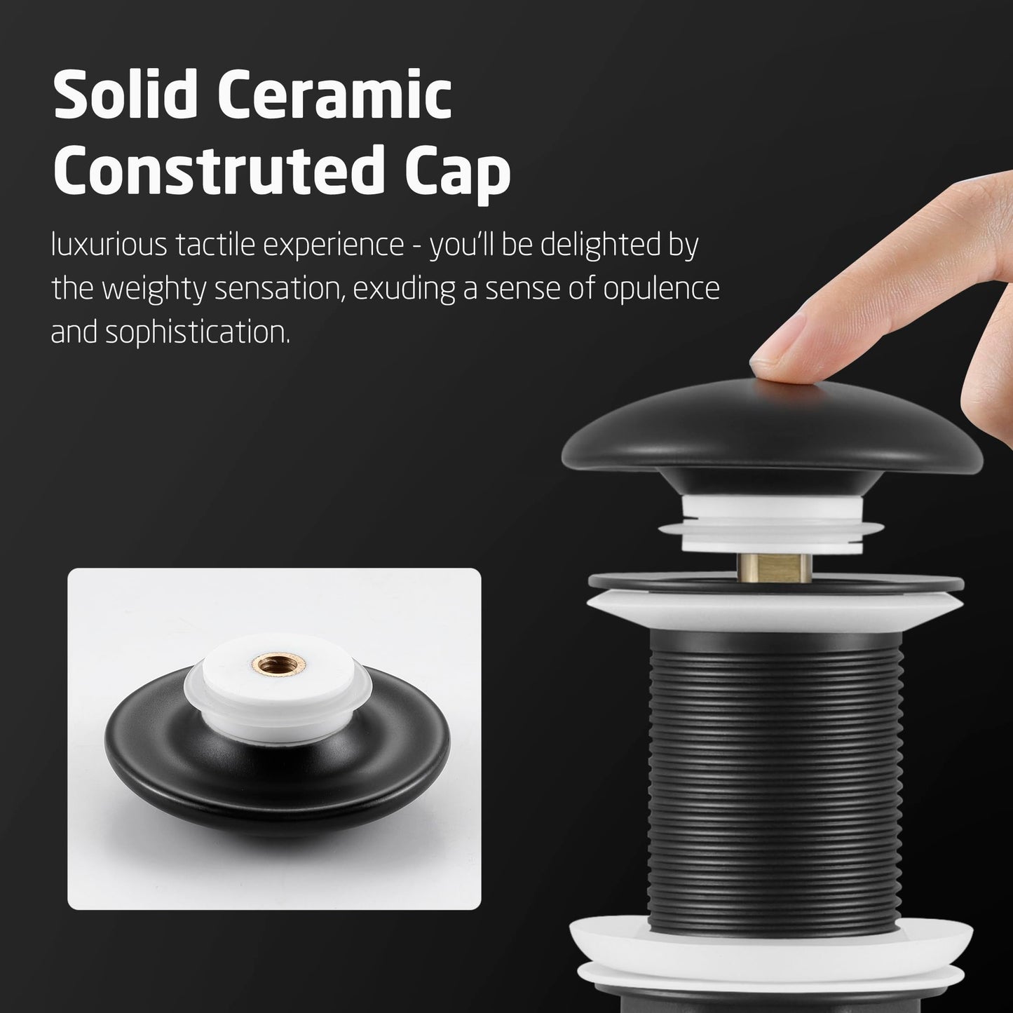 KES Solid Ceramic Cap Bathroom Sink Drain Without Overflow, Pop Up Drain for Bathroom Sink, Ceramic Bathroom Sink Stopper, All-Metal Body Matte Black, S2008D-CB