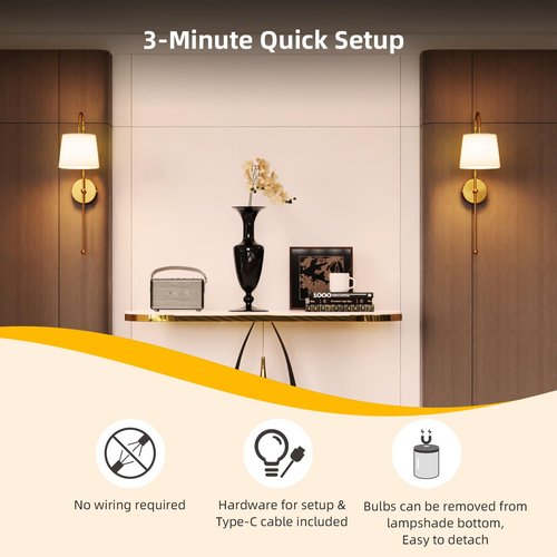 Battery Operated Wall Sconce Set of 2, Rechargeable Wireless Wall Decor Sconces, Two Battery Powered Wall Lights, Dimmable Magnetic RGB Bulbs & Remote, Lamp for Living Room Bedroom - Gold
