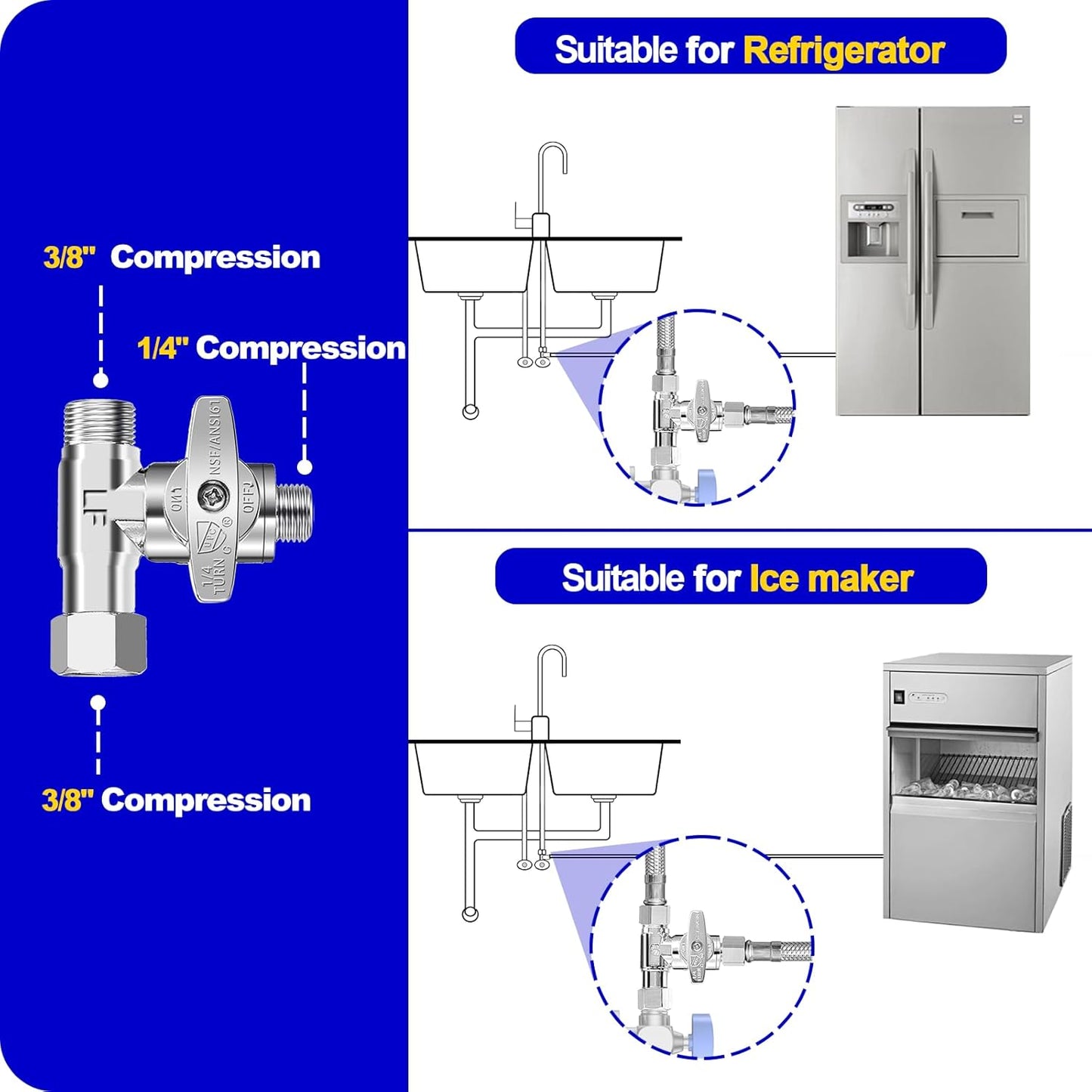 Tee Stop Valve - Lead-Free Add-A-Tee Valve 3/8 Inch x 3/8 Inch x 3/8 Inch,1/4 Turn Brass Extender Tee Connector with Built-in Sealing Gasket for Faucet,Glass Rinser,Dishwasher,Washing Machine