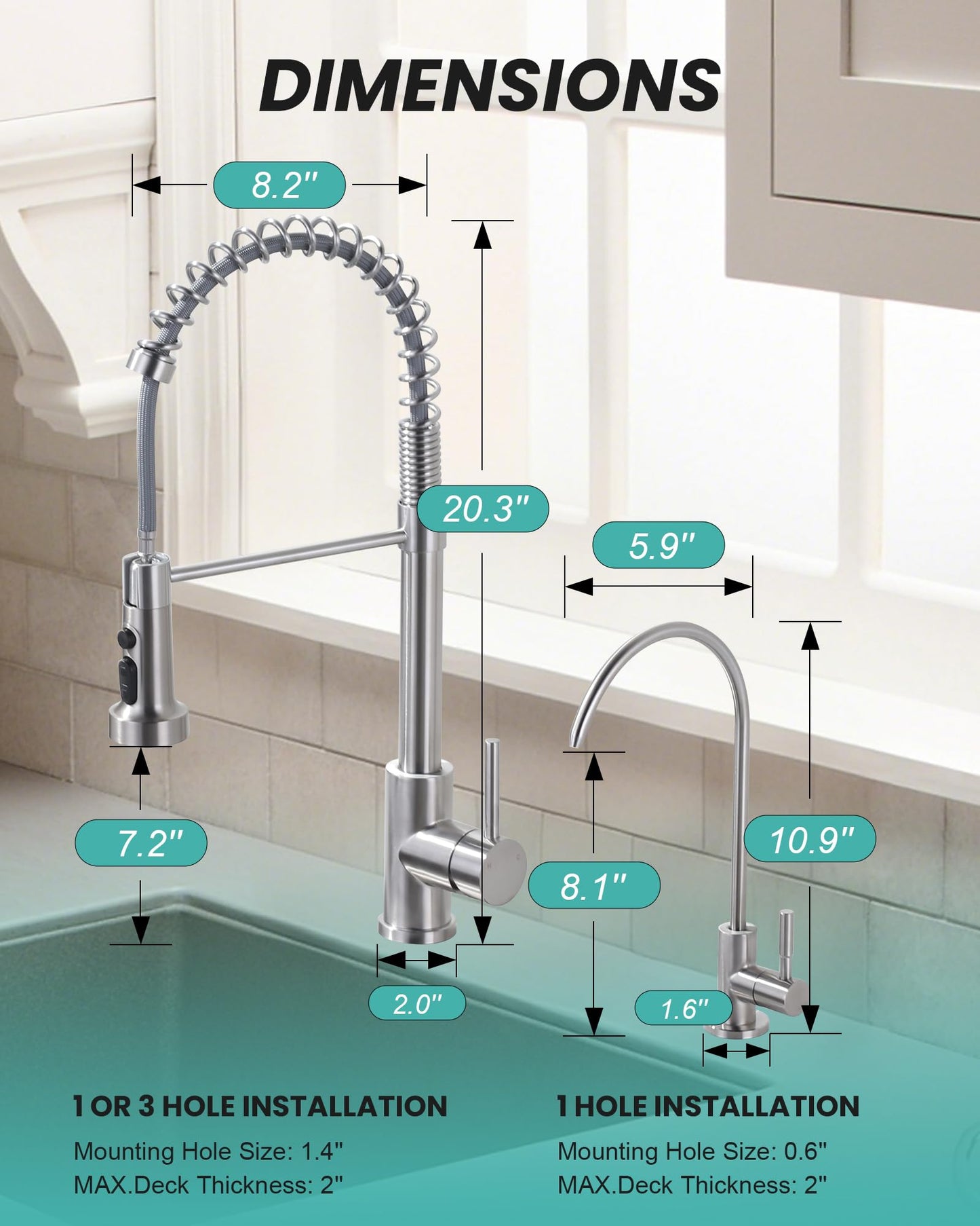 Kitchen Faucet and Water Filter Faucet: Stainless Steel Kitchen Sink Faucet with Drinking Water Faucet - Brushed Nickel Single Handle Tap with Pull Down Sprayer for Kitchen Sink Farmhouse Bar