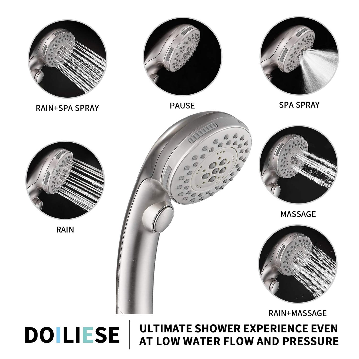 Shower Head, High Pressure 6 Setting Shower Head Hand-Held with ON/OFF Switch and Spa Spray Mode - Shower Heads with Handheld Spray High Pressure - Brushed Nickel