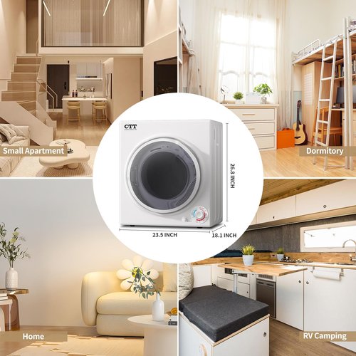 CTT Portable Dryers for Laundry 1500W, 3.5 cu.ft Clothes Dryer Machine with Stainless Steel Tub, 4 Drying Mode, Electric Compact Dryer Apartments, Home, Dorm, White