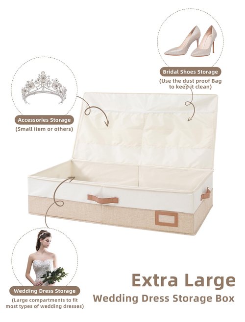 Coorganisers Wedding Dress Storage Box, Large Wedding Dress Preservation Box with 5 Cedar Wood Blocks, 30 Sheets of Acid-Free Tissue Paper, Microfiber Gloves, and Dust-Proof Bag-Beige&Linen Color