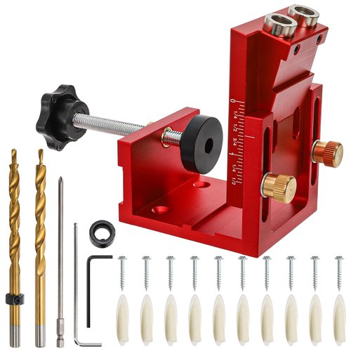Hiceeden Adjustable Pocket Hole Jig Kit, Aluminum Alloy Pocket Screw Jig Tools Set with 15 Degree Joint Angle, Portable 3/8 Inch Hole System for Woodworking Hole Drill Guide, Red