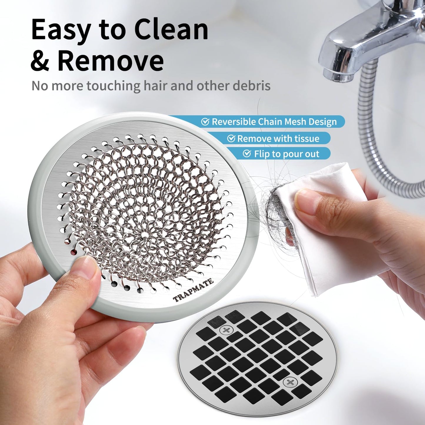 TRAPMATE Shower Drain Cover, 2PCS Prevent Clogging Shower Drain Hair Catcher, Non-Slip Stainless Steel Drain Protector, Patented Bathroom Accessory for US Standard Flat Drains of Bathroom