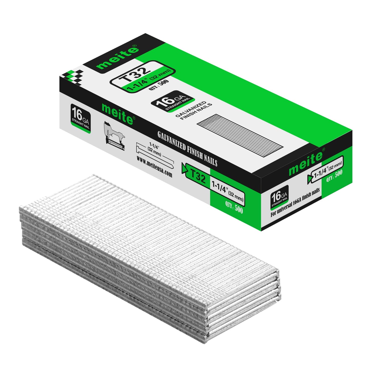 meite 16 Gauge Finish Nails 1-1/4 Inch Galvanized 16GA Straight Finish Nails for Finish Nailer on Window Casing Baseboard Crown Molding, 500PCS x 50 Boxes