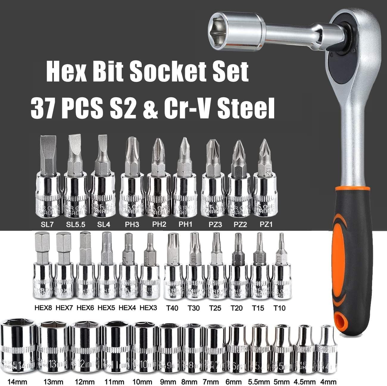 YWHWLX 46 Pieces 1/4 in. Drive Ratchet Socket Wrench Set with Quick-Release Ratchet,Includes Metric Bit Sockets and Extension Bar for Car Repair and Home Maintenance