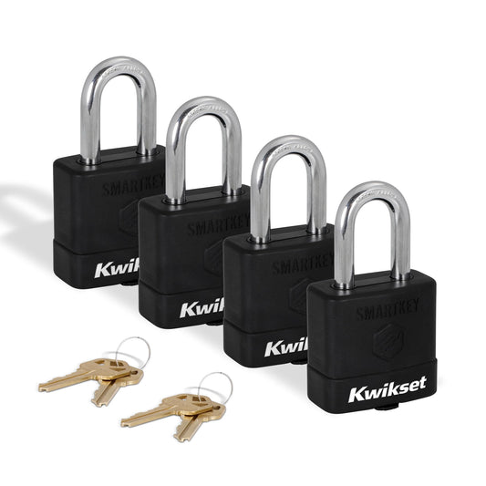 Kwikset SmartKey Re-Keyable Laminated Steel Padlock with Boron Carbide Shackle, with Weather Cover, Outdoor Gate and Storage Lock, 2 in Body, 1-1/2 in Shackle, 4 Pack Keyed Alike, Silver