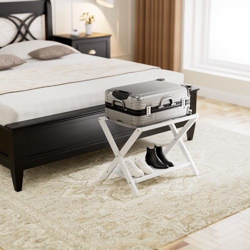 HITNET White Luggage Rack, Folding Suitcase Stand, Bamboo Luggage Holder with Storage for Guest Room Bedroom Hotel