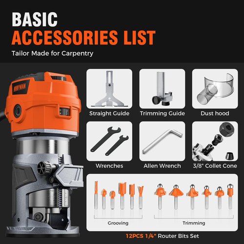 Alloyman Router Tool, 8.5Amp Wood Router, Max 30000 RPM Handheld Palm Router, 6 Variable Speed, 12Pcs Wood Compact Router Bits, 950W Wood Trim Routers Kit for Woodworking Trimming