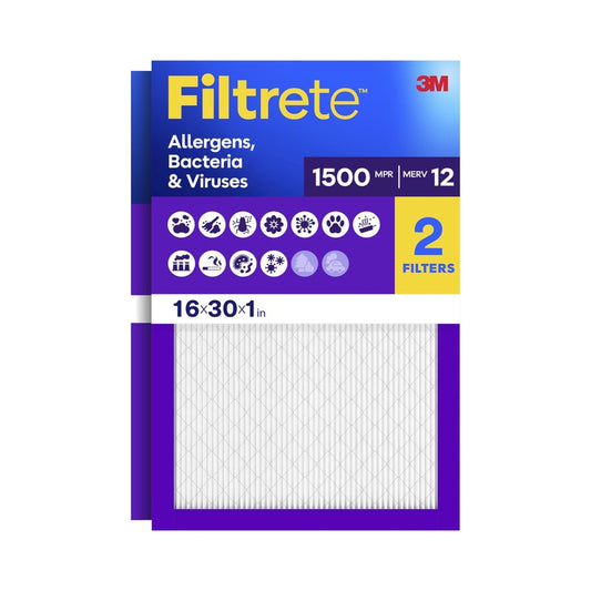 Filtrete 16x30x1 Air Filter, MERV 12, MPR 1500, Allergens, Bacteria & Viruses, 3-Month AC and Furnace Filters, Cleaner Air, Reliable Airflow, 2 HVAC Filters (Actual Size 15.81 x 29.81 x 0.78 in)