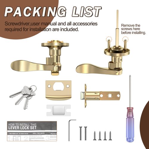 ANSIONLOK Stain Brass Keyed Entry Door Handle, Wave Style Door Lever Lock with 3 Keys & Screwdriver, Interior Exterior Entrance Reversible Door Handles, 1 Pack