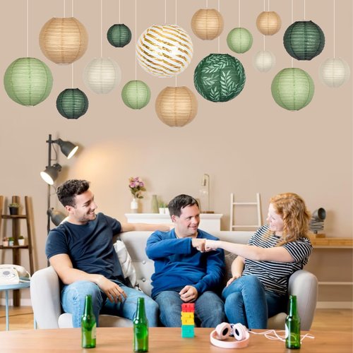 Round Chinese Paper Lanterns Decorative 16pcs Sage Green Brown Hanging Paper Lantern for Graduation, Birthday, Wedding, Jungle Theme Baby Shower Party Decorations