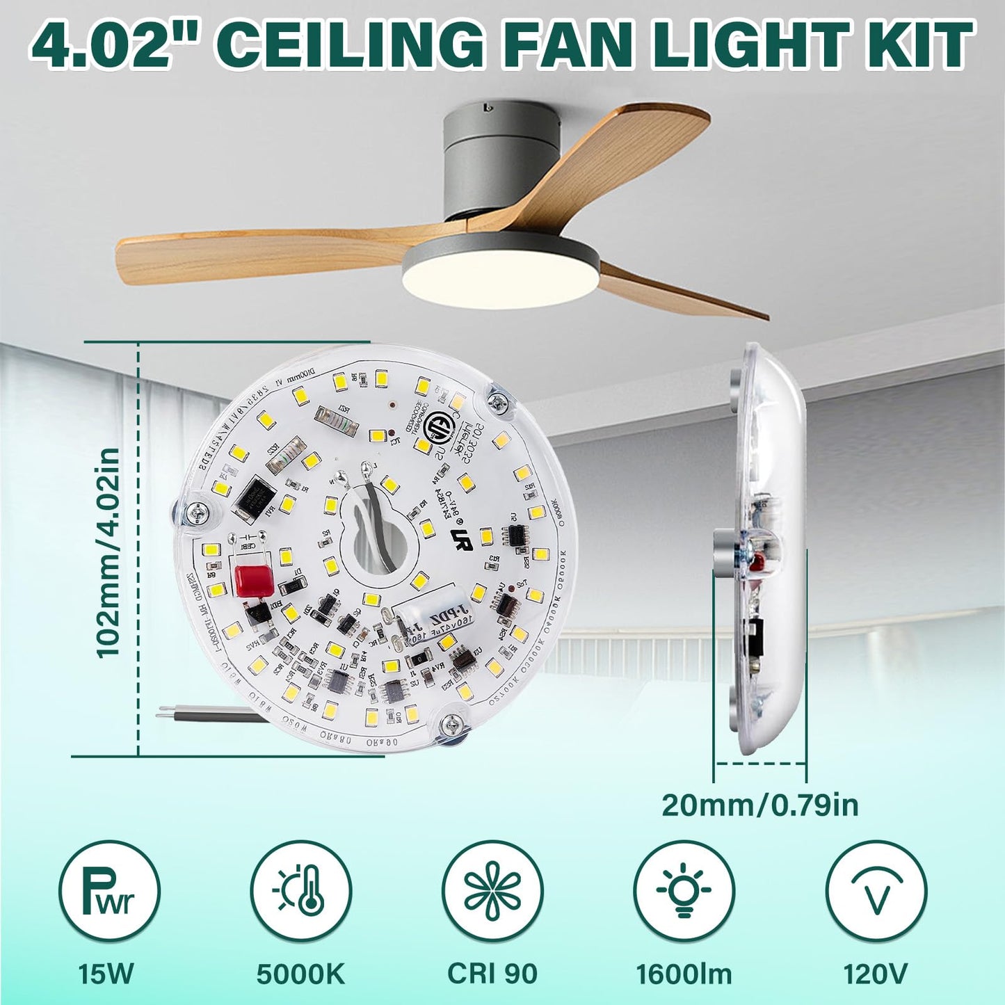 Lamptobe 4 Inch Ceiling Fan LED Light Replacement 2-Pack, 15W 5000K 1600LM Dimmable LED Ceiling Fan Light Retrofit Kits for Ceiling Light, 120V, CRI90