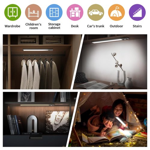 Under Cabinet Lighting, 2 Pack Motion Sensor Light Indoor, 76 LED USB Rechargeable Battery Operated, 3 Levels Dimmable Magnetic Closet Lights, Wireless Under Counter Lights for Kitchen Stairs Hallway
