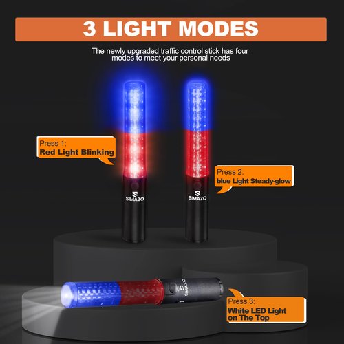 SIMAZO 10 Inch Rechargeable Traffic Signal Wand, Traffic Control Baton with White LED on Top, Air Marshalling Wand with 4 Flashing Modes for Airport, Parking, Car Directing