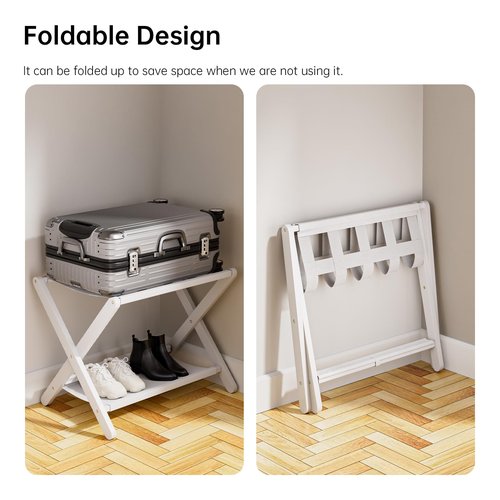 HITNET White Luggage Rack, Folding Suitcase Stand, Bamboo Luggage Holder with Storage for Guest Room Bedroom Hotel