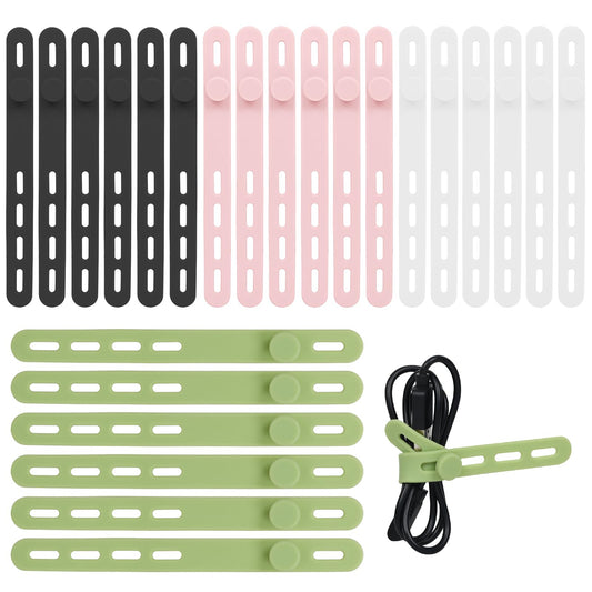 Donruby 24Pcs Silicone Cable Ties - Reusable & Washable with Locking Buckle Design, Adjustable Fastening Cable Straps, Multi-Purpose High Elasticity Cord Organizer (4 Colors)