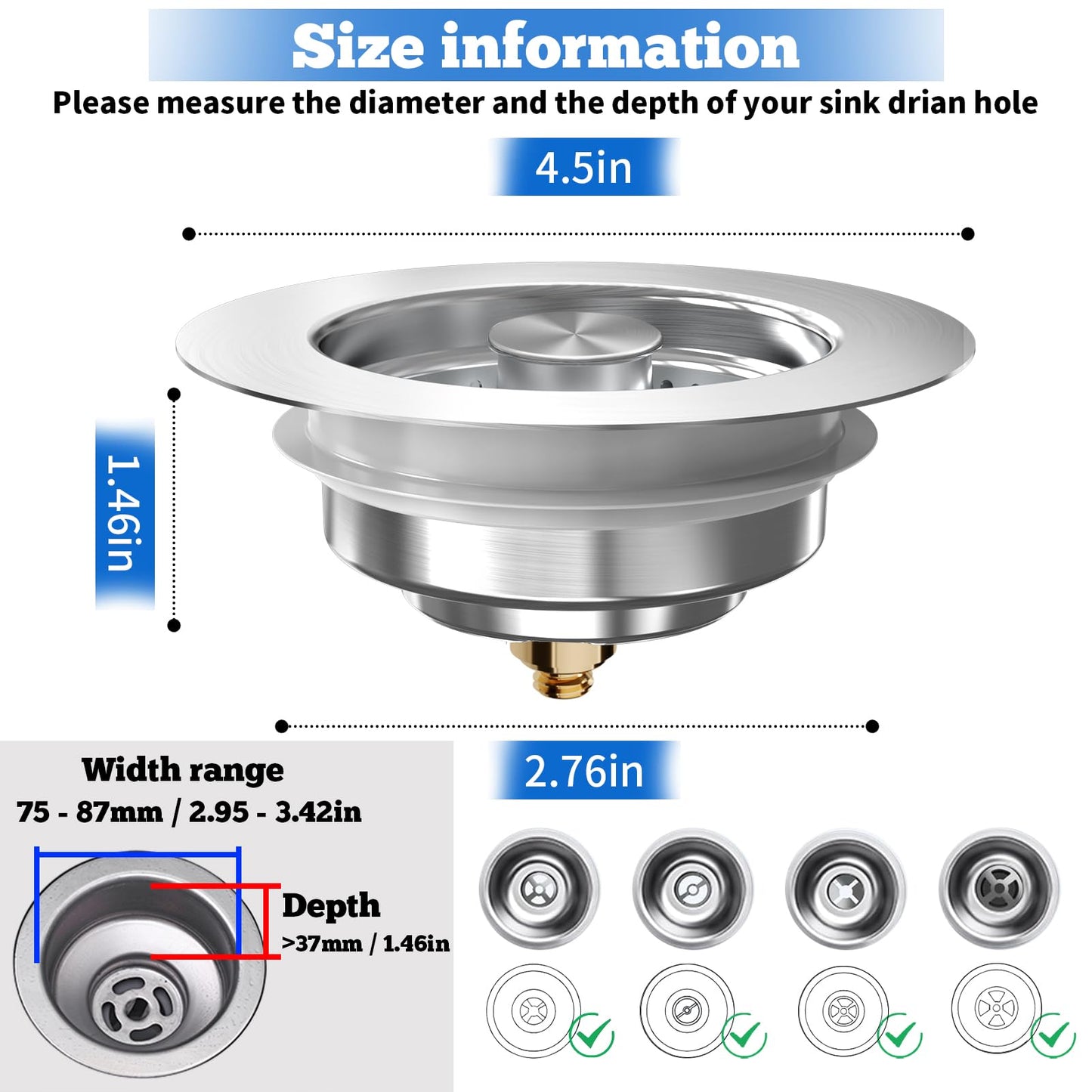 Upgraded 3 in 1 Kitchen Sink Drain Strainer Stopper, Brushed Stainless Steel SUS 304 Pop Up Sink Drain Stopper for Standard 3-1/2 Inch Drain Anti-Clogging Odor Prevention