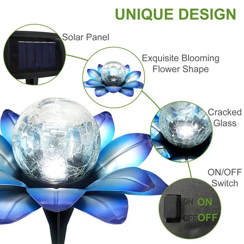 LEWIS&WAYNE Solar Garden Lights Outdoor, 3 Pcs Blue Lotus Flower Pathway Lamps with Cool White Crackle Glass Globe Led Lights for Patio Pathway Yard Balcony Garden Decorations