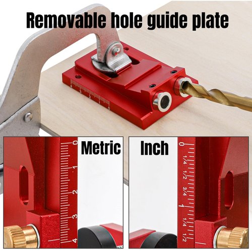 Hiceeden Adjustable Pocket Hole Jig Kit, Aluminum Alloy Pocket Screw Jig Tools Set with 15 Degree Joint Angle, Portable 3/8 Inch Hole System for Woodworking Hole Drill Guide, Red