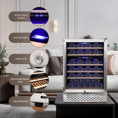 GarveeHome Wine Cooler Refrigerator 51 Bottles - Dual Zone Built-In Freestanding, Safety Lock, Seamless Stainless Steel, Triple Layer Tempered Reversible Glass Doors, 40°F-65°F for Home Bedroom