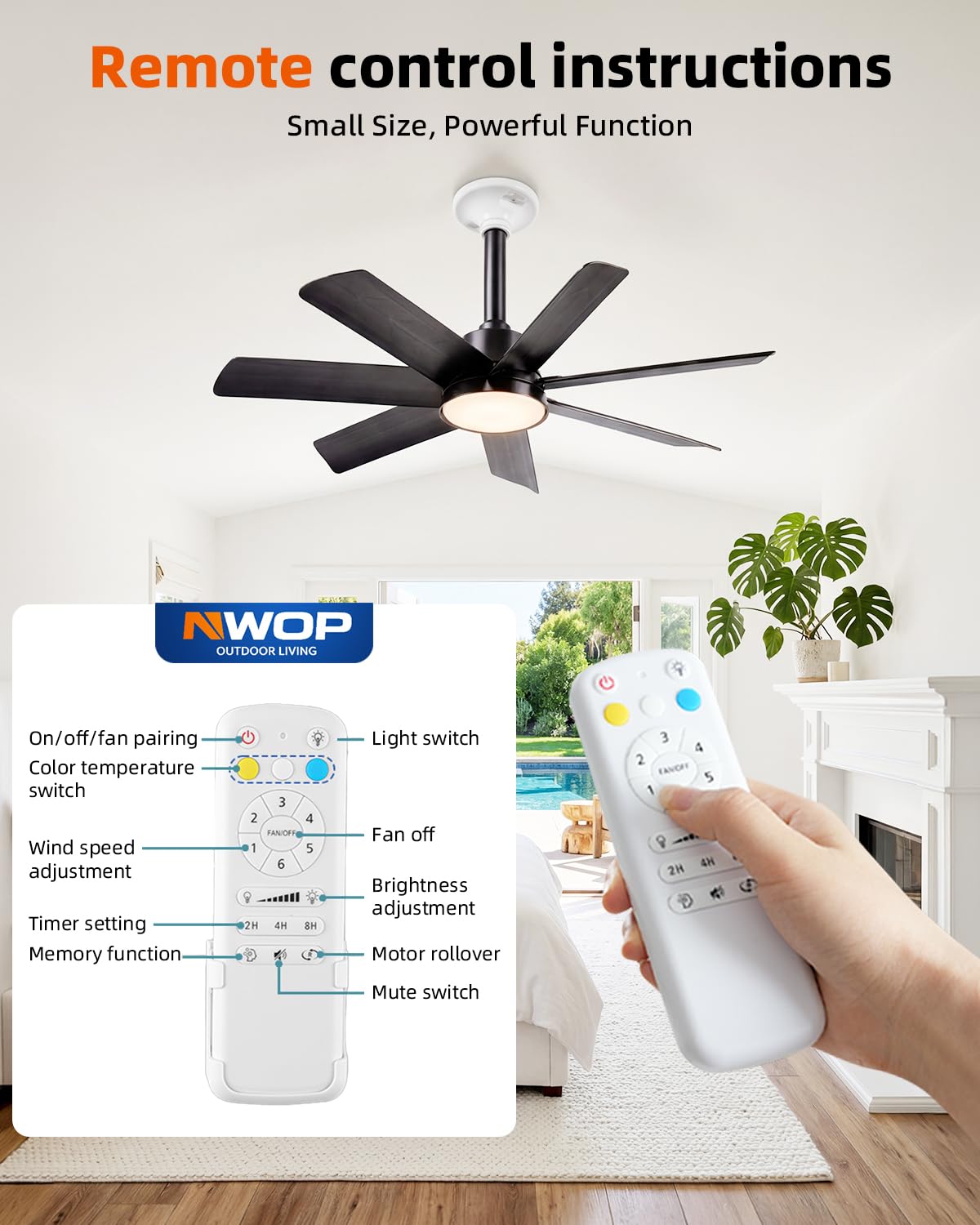 Remote Control for NWOP Ceiling Fans, ONLY Compatible with Our Store's Ceiling Fans, 6 Wind Speeds, Timer, Light & Temperature Control