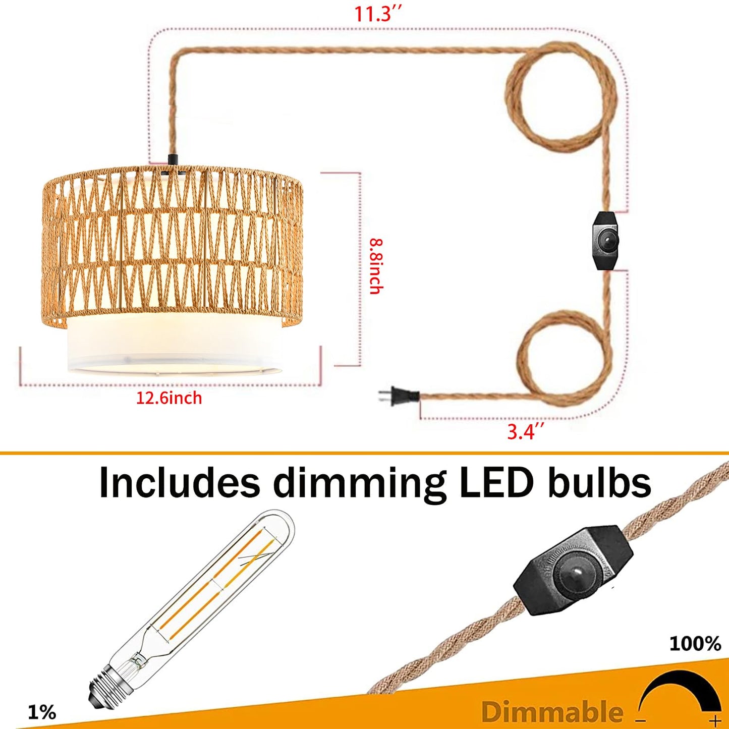 Boho Plug in Pendant Light Rattan Hanging Lights with Plug in Cord,Indoor Hanging Lamp with Dimmer Switch,Wicker Bamboo Woven LampShade Hanging Lamp Plug in for Bedroom Living Room Kitchen Island