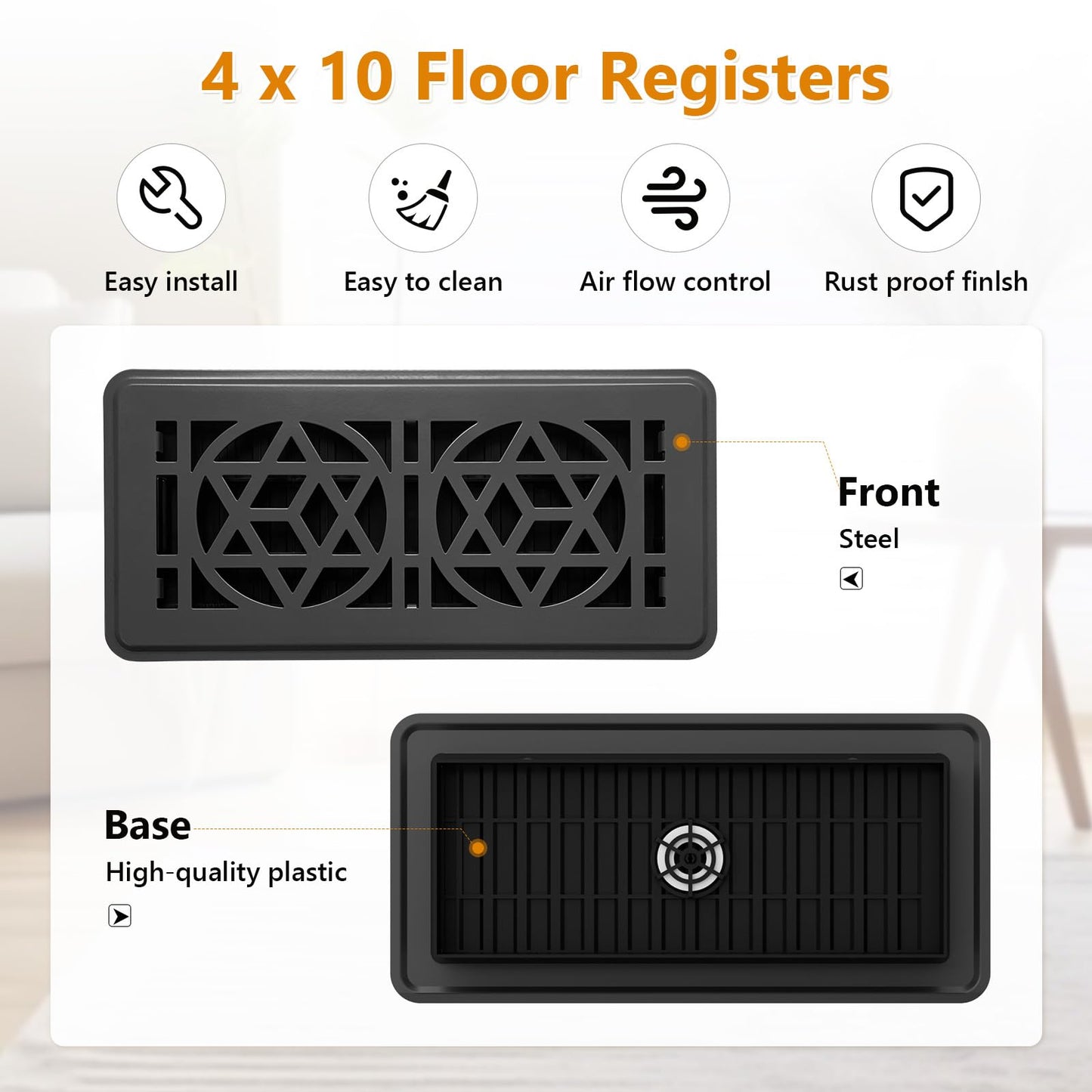 2 Pack Floor Vent Covers, Floor Register 4x10, Heavy Duty Walkable Steel Vent Cover, Adjustable Decorative Vent Covers for Home Floor Ceiling or Sidewall Vent, Rust-Proof Finish (Black)